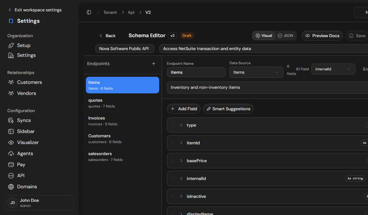 API schema editor in SuitePortal