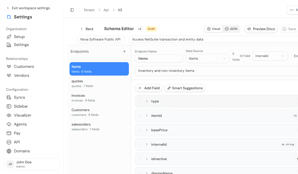 API schema editor in SuitePortal
