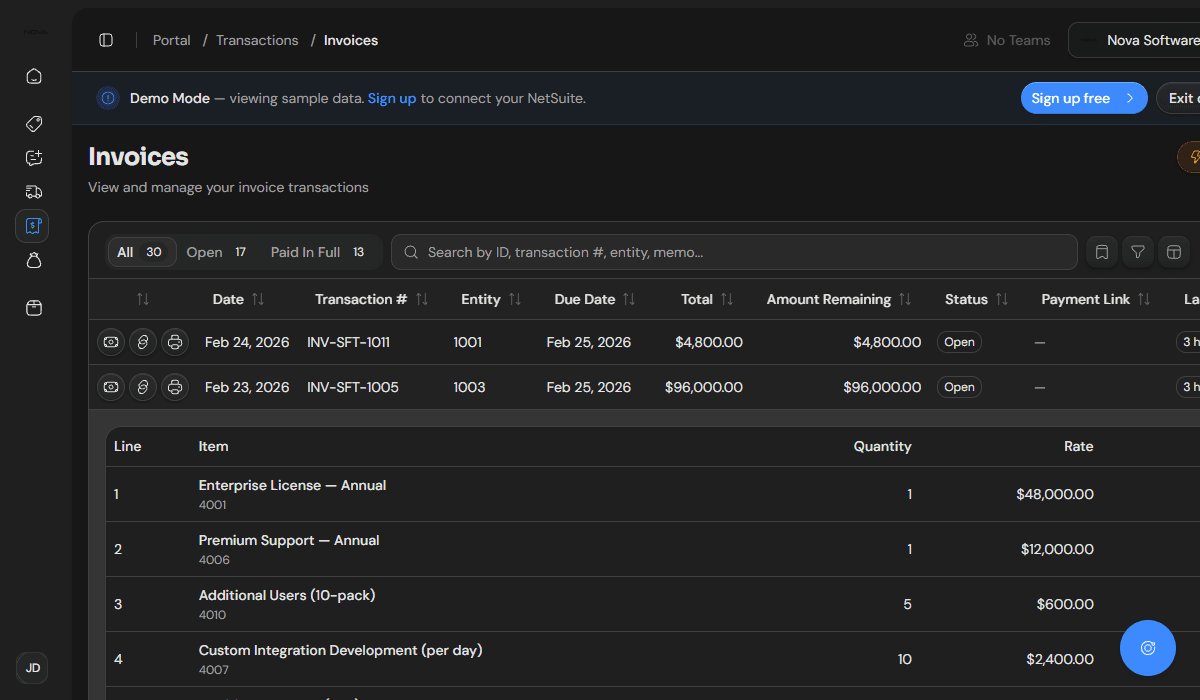 Invoices list in a SuitePortal customer portal