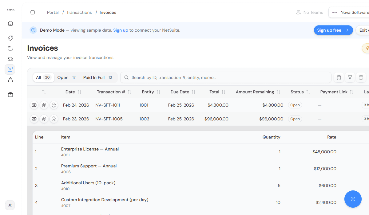 Invoices list in a SuitePortal customer portal